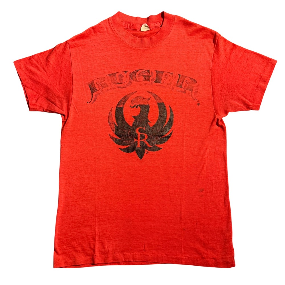 Vintage Ruger Firearms Paperthin T-Shirt Red Single Stitch Phoenix Logo 80s L